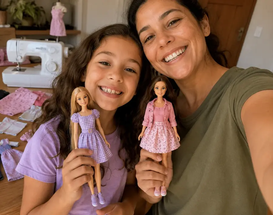 Madre e hija sonriendo con fashion dolls vestidas con prendas artesanales