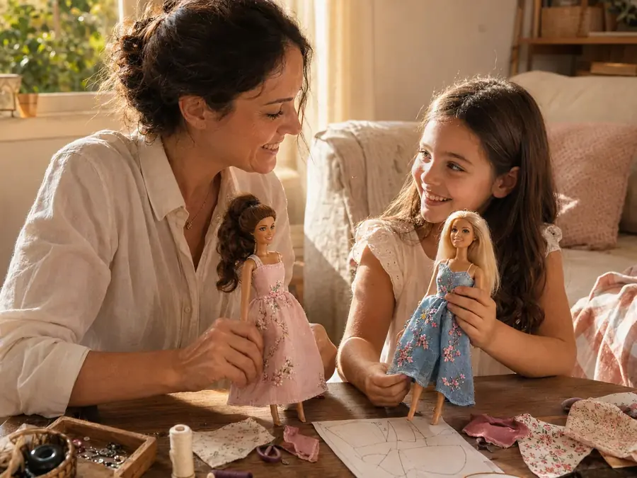 Madre e hija cosiendo prendas para fashion dolls sobre una mesa con patrones