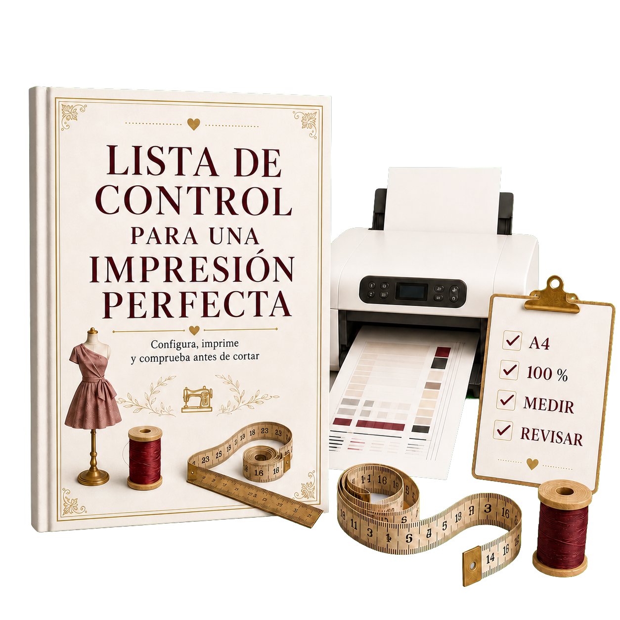 Lista de control para una impresión perfecta con guía, impresora y tarjeta de verificación