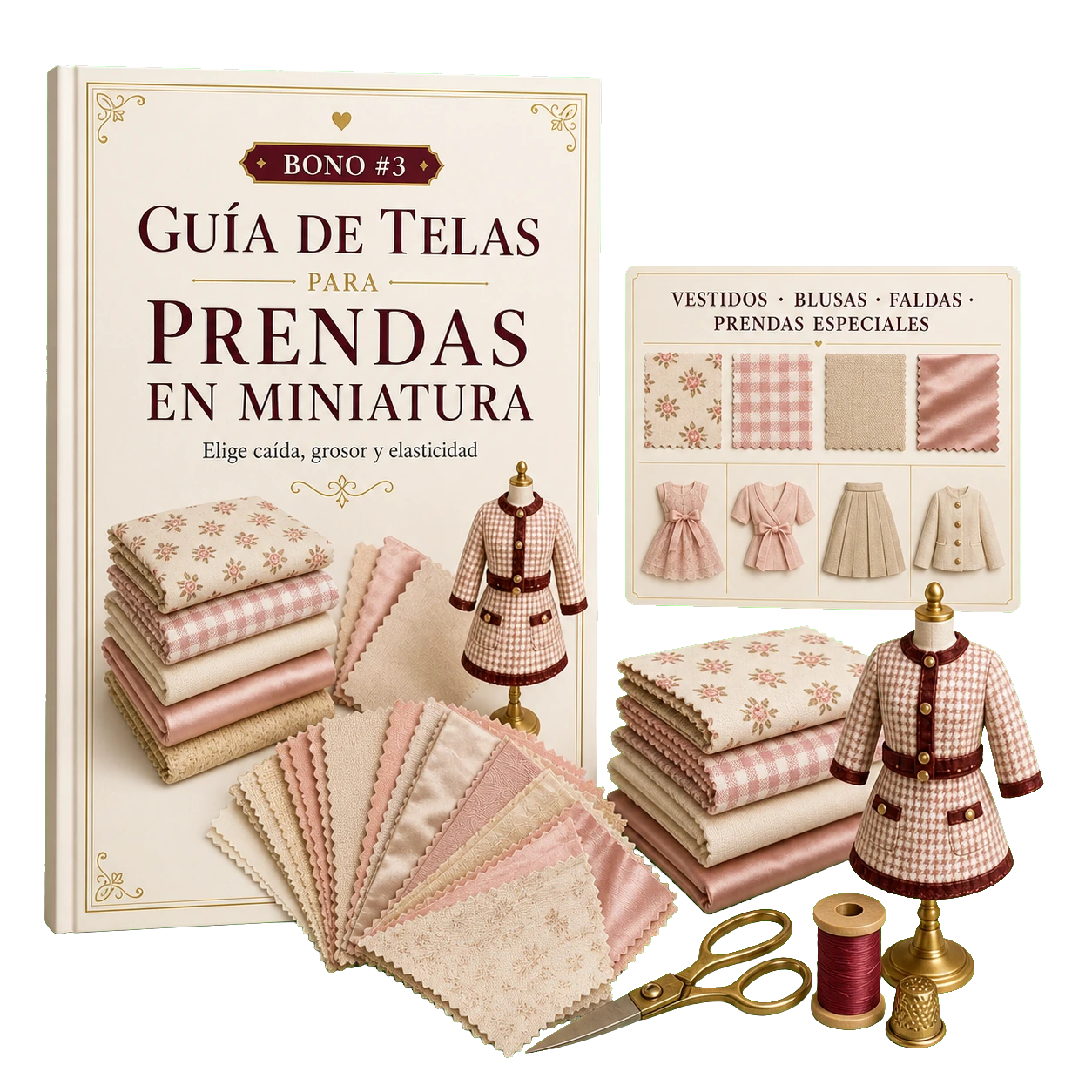 Guía de telas para prendas en miniatura con muestras textiles y ejemplos