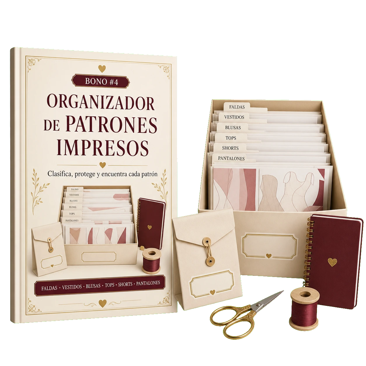 Organizador de patrones impresos con caja, divisores y etiquetas