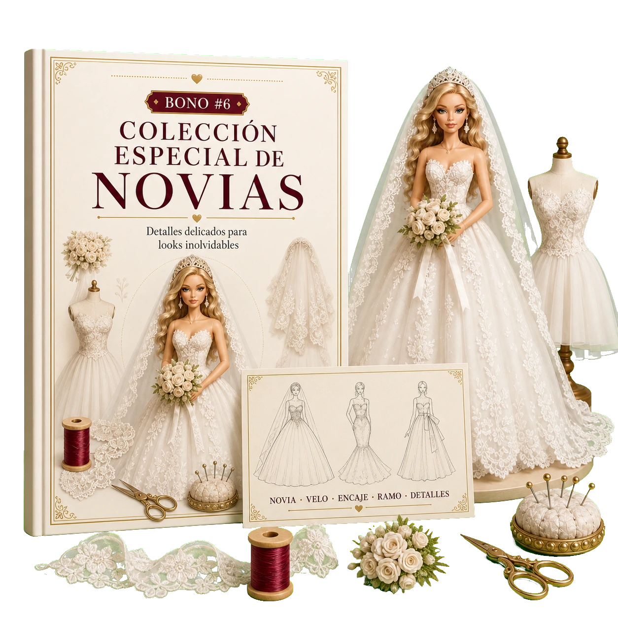 Colección especial de novias con guía, vestidos, encaje y ramo