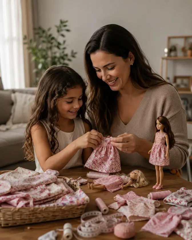 Madre e hija cosiendo una prenda floral para una fashion doll