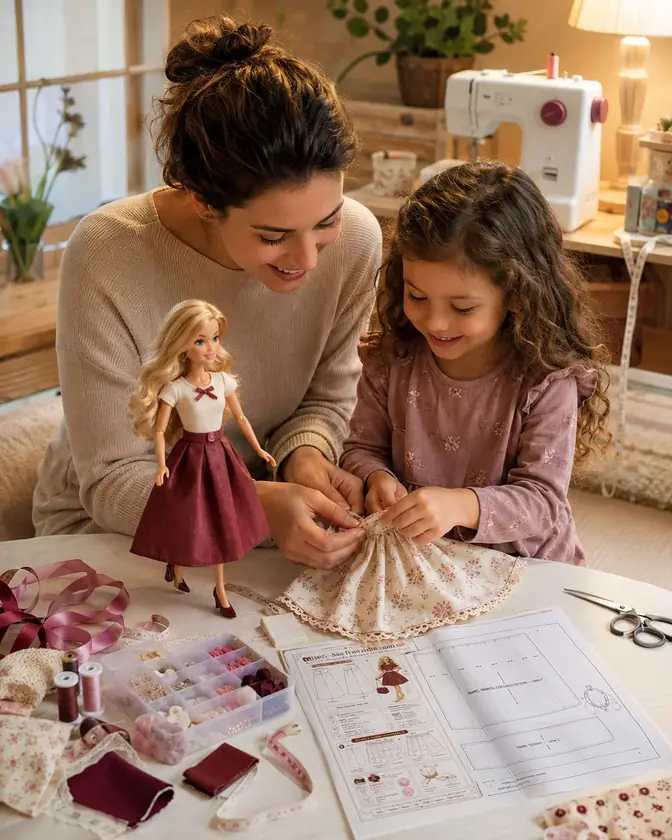 Madre e hija confeccionando una prenda para fashion doll con un patr&oacute;n impreso
